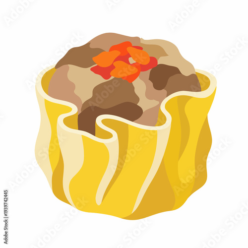 This vibrant illustration showcases a delicious dim sum dumpling topped with bits of vegetables, highlighting the art of food and cultural culinary traditions with appealing aesthetics.