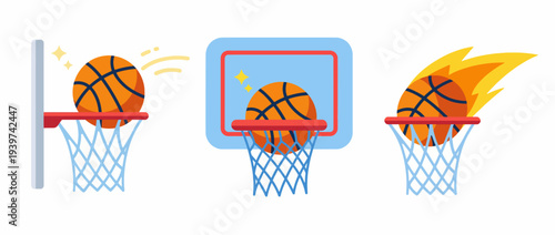 Three vibrant illustrations depict a basketball successfully going into the net, showing the excitement and energy of the game visually and capturing the moment of triumph.