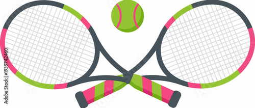 This vibrant graphic features two tennis rackets and a ball in bright colors, capturing the essence of the sport and its energetic spirit for enthusiasts and athletes alike.