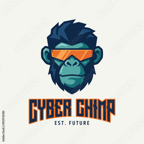 This dynamic image features a stylized cyber chimp with sunglasses, embodying elements of the future and technology, perfect for tech-related branding and gaming themes.