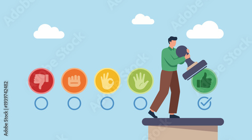 An illustrated graphic showing dynamic choices for feedback, engaging users with thumbs up, down, and various hand signals, suitable for digital interactions.