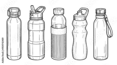 reusable bottle , realistic line art vector set , white background , PNG and SVG isolate