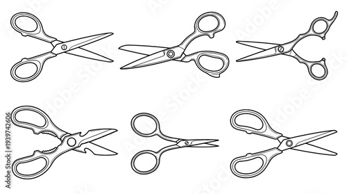 scissors , realistic line art vector set , white background , PNG and SVG isolate