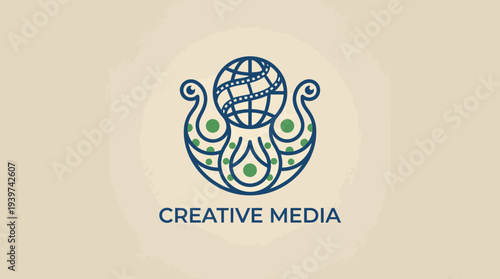 An artistic logo portraying a globe entwined with creative elements, representing global connectivity, media innovation, and cultural expression in a modern visual style.