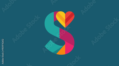 A vibrant illustration featuring a creatively designed S shape, infused with heart motifs and colorful patterns, symbolizing love, joy, and artistic expression.