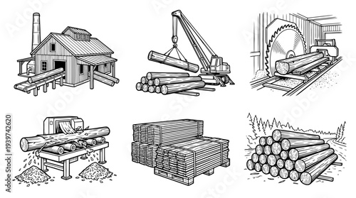 sawmill , realistic line art vector set , white background , PNG and SVG isolate