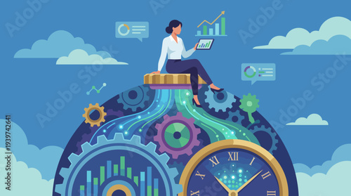 This image embodies business analytics with a focus on data visualization, gears, and time management to illustrate the integration of insights into decision-making.