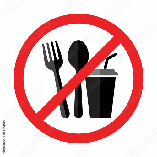 This image depicts a clear no food or drink symbol featuring a fork, spoon, and drink cup, indicating restrictions on eating or drinking in certain areas.