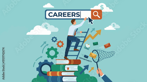 A determined businessman climbs a ladder, symbolizing the pursuit of career opportunities amidst a backdrop of growth, progress, and financial success in a vibrant graphic.