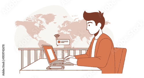 Man working on laptop at desk with world map background orange jacket focused expression modern workspace digital communication global