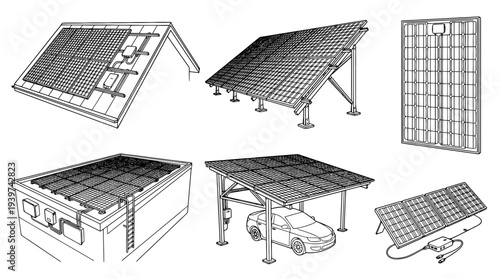 solar panel , realistic line art vector set , white background , PNG and SVG isolate