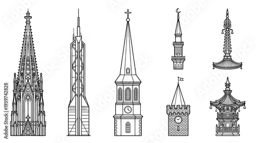 spire , realistic line art vector set , white background , PNG and SVG isolate