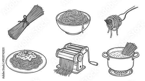 spaghetti pasta , realistic line art vector set , white background , PNG and SVG isolate