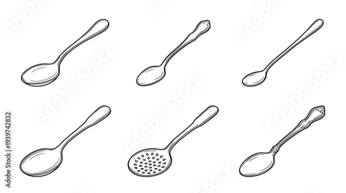 spoon , realistic line art vector set , white background , PNG and SVG isolate