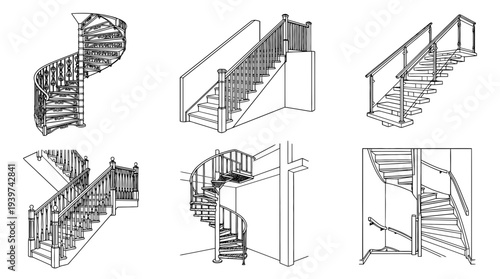 staircase , realistic line art vector set , white background , PNG and SVG isolate