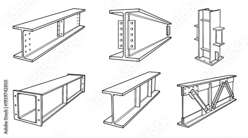 steel beam , realistic line art vector set , white background , PNG and SVG isolate