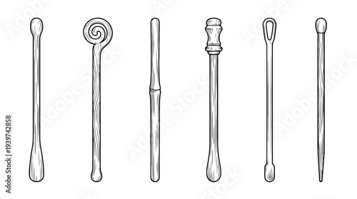stirrer stick , realistic line art vector set , white background , PNG and SVG isolate