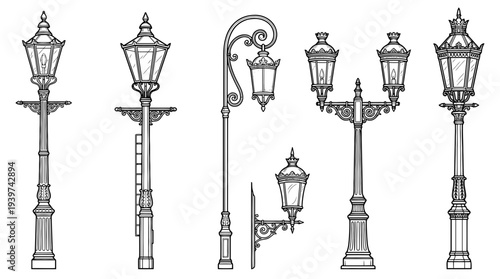 street lamp , realistic line art vector set , white background , PNG and SVG isolate