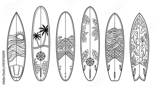 surfboard , realistic line art vector set , white background , PNG and SVG isolate