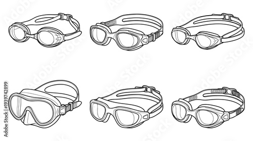 swimming goggles , realistic line art vector set , white background , PNG and SVG isolate