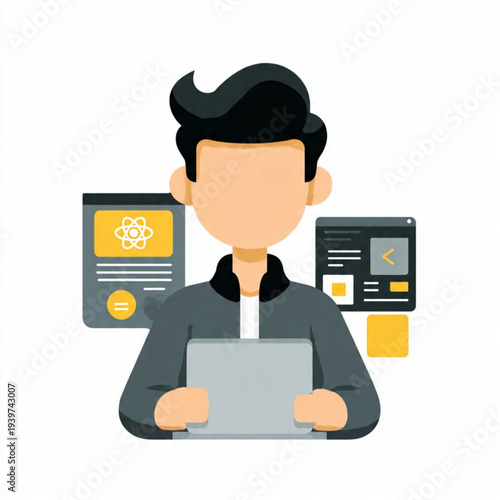 Minimal Front End Developer Working on Laptop with Interface Elements Flat Vector Illustration