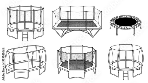 trampoline , realistic line art vector set , white background , PNG and SVG isolate