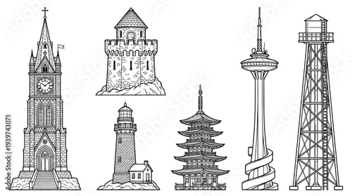 tower , realistic line art vector set , white background , PNG and SVG isolate