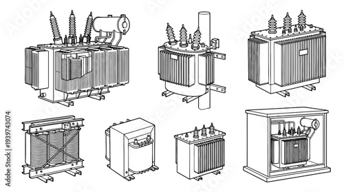transformer high voltage , realistic line art vector set , white background , PNG and SVG isolate