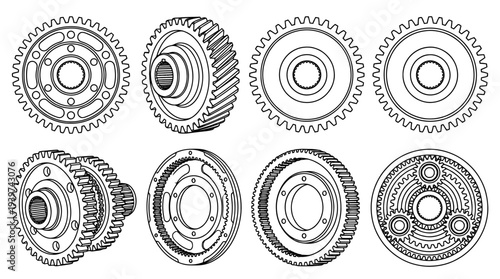 transmission gear , realistic line art vector set , white background , PNG and SVG isolate