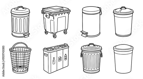 trash can , realistic line art vector set , white background , PNG and SVG isolate