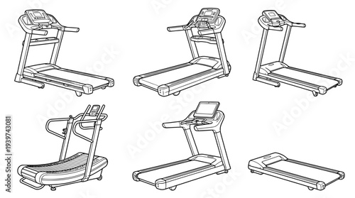 treadmill , realistic line art vector set , white background , PNG and SVG isolate