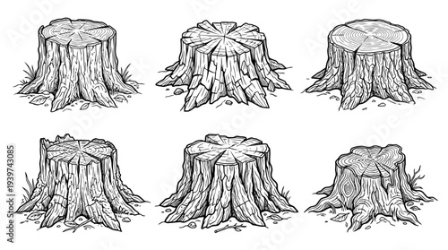 tree stump , realistic line art vector set , white background , PNG and SVG isolate