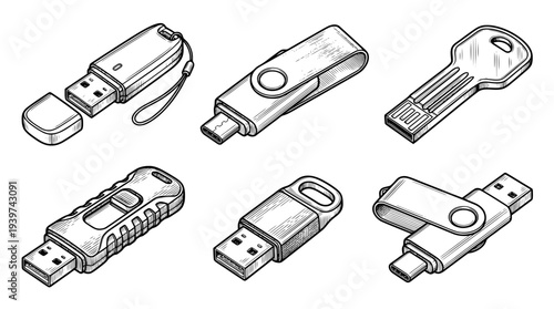 usb flash drive , realistic line art vector set , white background , PNG and SVG isolate