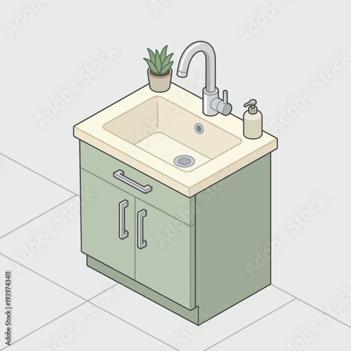An appealing illustration of a modern kitchen sink, showcasing its elegant design, complemented by a plant and soap dispenser, emphasizing functionality in contemporary spaces.