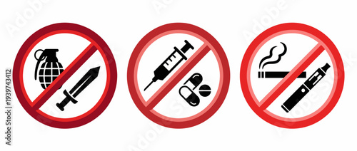 This image depicts three prohibition signs illustrating the ban on weapons, drugs, and smoking, conveying a strong message about safety and health in society.