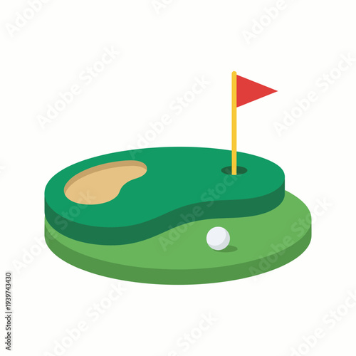 This image captures a serene golf course putting green scene, showcasing a golf ball positioned near the hole and a red flag, ideal for promoting golfing activities.