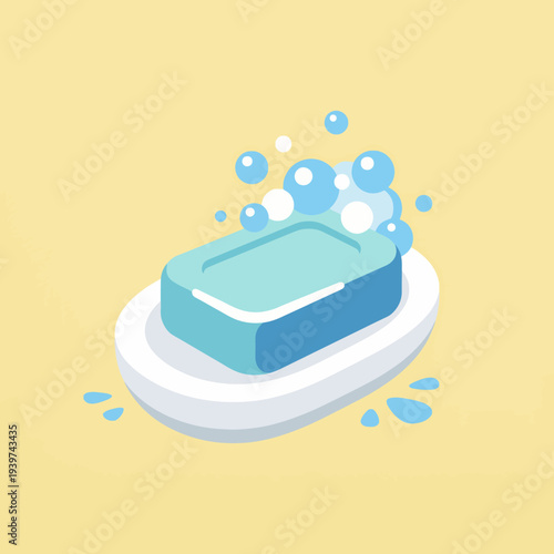 A minimalist illustration of a soap bar surrounded by bubbles on a bright yellow background, evoking cleanliness, freshness, and simplicity in personal care products.