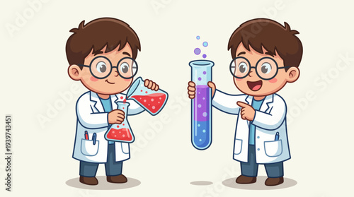 Two animated scientists mix colorful liquids in beakers, showcasing their excitement for chemistry and experimentation in a vibrant and engaging manner capturing young imaginations.