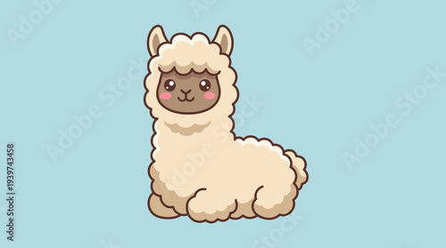 A charming cartoon alpaca with fluffy fur sits cutely against a soft blue backdrop, making it ideal for kids’ products, merchandise, or fun branding.