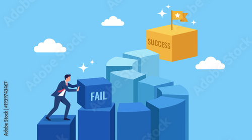 A conceptual illustration showing a businessman overcoming obstacles labeled 'FAIL' while climbing toward a 'SUCCESS' flag, symbolizing perseverance and the journey to achievement.