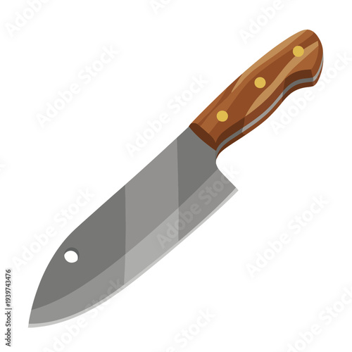 This detailed image showcases a sharp chef's knife with a wooden handle, emphasizing precision and culinary excellence through its realistic design and sharpness.