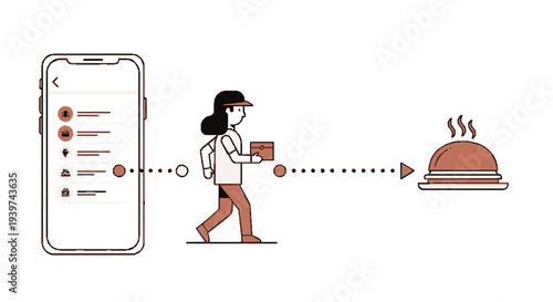Woman receiving food delivery through mobile app online ordering process digital illustration modern lifestyle food technology e commerce