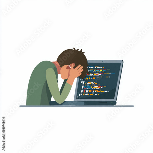 Web Developer with Laptop Coding Interface and Digital Technology Vector having stress