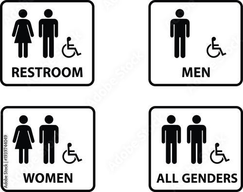 Accessible restroom signs set with men women and all genders icons including wheelchair symbol, public bathroom signage for inclusive facilities and universal accessibility guidance