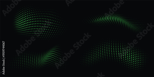 Green Triangle Halftone Wave Pattern on Dark Background Vector for Gaming Interface Design, Cyber Technology Visuals, Sci Fi Digital Graphics, Data Network Concepts and Futuristic Motion Backgrounds