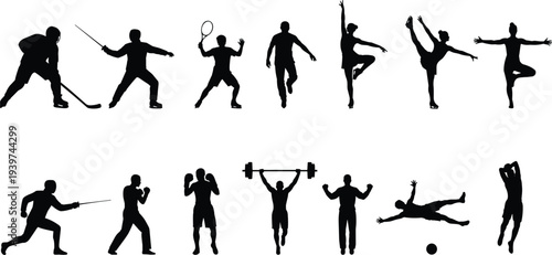 Athlete silhouettes collection showing various sports activities including fencing tennis hockey boxing weightlifting and gymnastics, dynamic fitness action icons isolated for sport design
