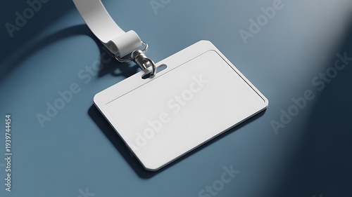 Blank white ID badge with lanyard on blue background