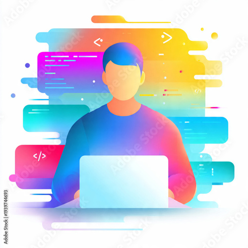Male Programmer Writing Code on Laptop Flat Vector