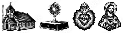 Set of vintage Christian religious symbols including church monstrance Sacred Heart and Jesus Christ