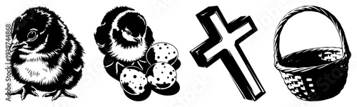 Collection of vintage Easter graphics featuring chicks eggs wooden cross and woven basket